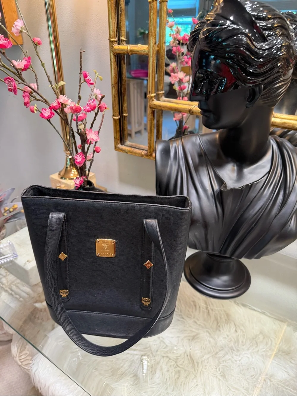 MCM Black Leather satchel zipper Tote with Gold charms + gold Logo Plaque C2072